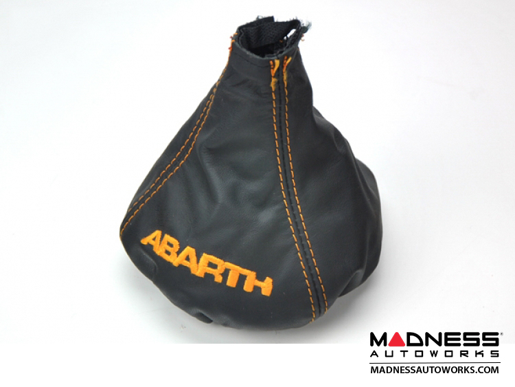 FIAT 500 Gear Shift Boot - Black Leather w/ Orange Stitching and ABARTH Logo 